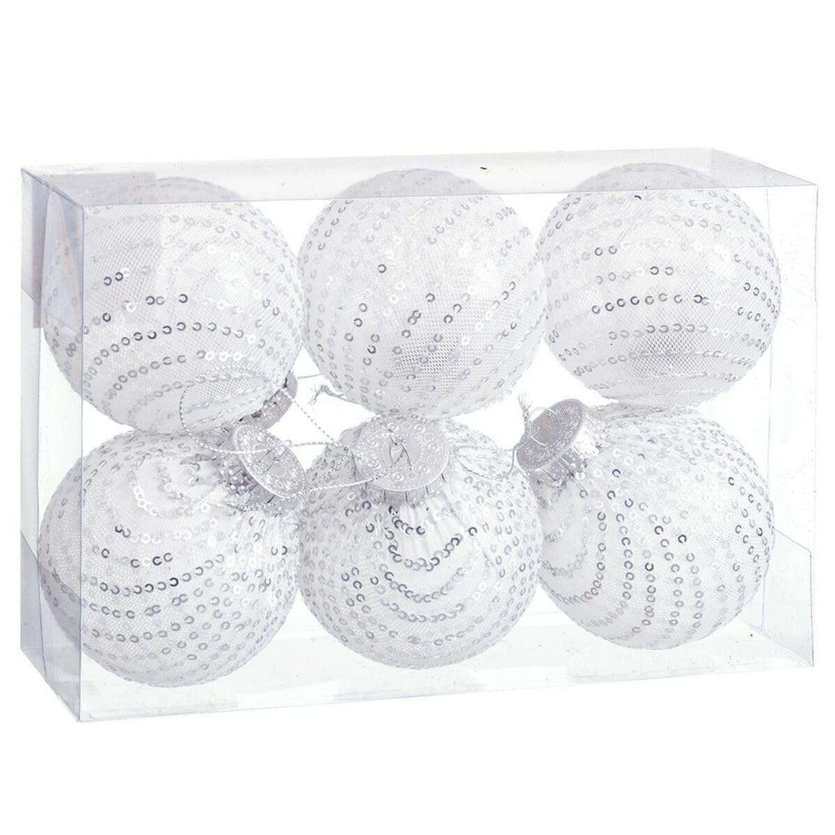 BigBuy Christmas Christmas Baubles White Silver Plastic Woven Sequins 8 x 8 x 8 cm (6 Units)