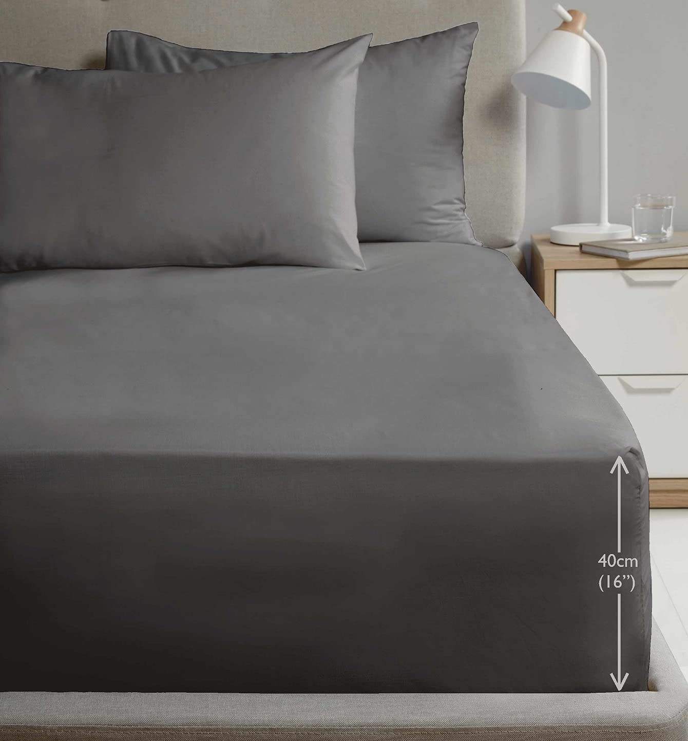 Rapport Home King Size Fitted Sheet Extra Deep 40cm Depth Charcoal Soft Easy Care Non-Iron Percale Bed Sheet – 16 inch Pocket