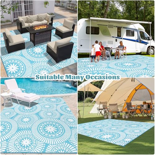 Ileading Large Plastic Outdoor Rug 8x10ft Modern Geometric Style Reversible Patio Area Rugs Waterproof Non Shedding Portable Carpets for Rv Outside Deck Pool Beach Picnic Camping (Teal) - Image 8