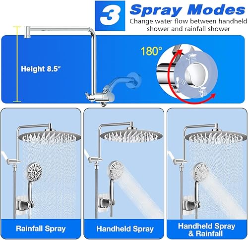 Miniatura 4 de Cabezal de ducha filtrado de 12 pulgadas con rociador de mano doble filtro para agua dura, cabezal de ducha redondo con 10 ajustes de mano