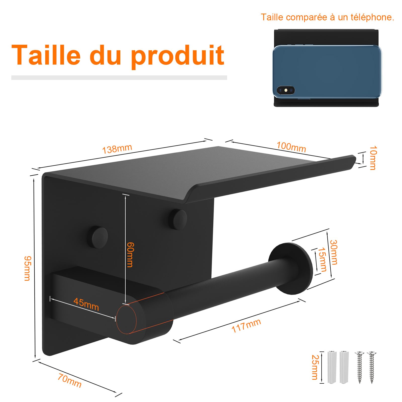 Ibergrif MK34053B Porte Papier Toilette Mural en Acier Inoxydable, Support avec Étagère, Noir
