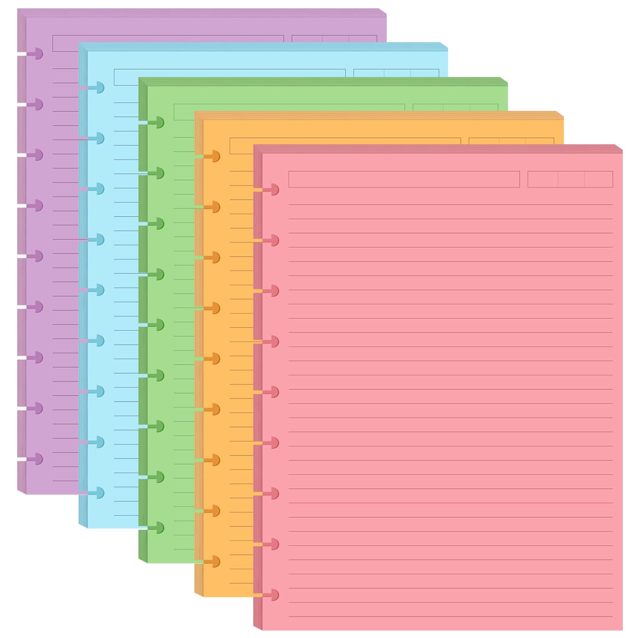 9-Disc Discbound 5 Colorful Line Paper Pre-punched Happy Planners Inserts, 100Sheets/200Pages Classic Size Line Loose-Leaf Paper, Per Color 20 Sheets, 7" x 9.25"