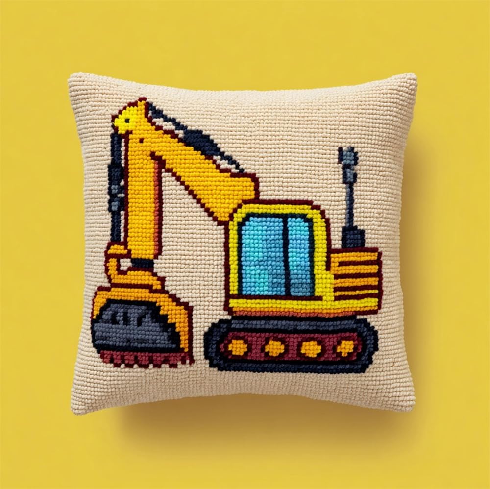 kitphoenix Latch Hook Cushion Kits for Adults Beginners Cartoon Excavator