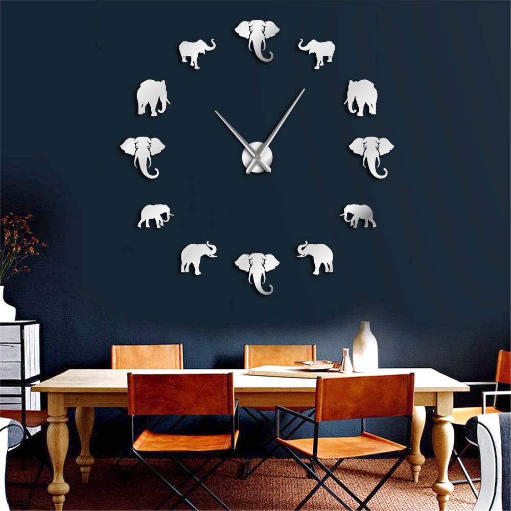 VCS Jungle Animals Elephant DIY Large Wall Clock Home Decor Modern Design Mirror Effect Giant Frameless Elephants DIY Clock Watch (Silver、37inch)
