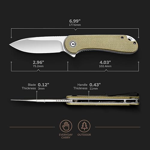 Miniatura 9 de Civivi Elementum cuchillo plegable de bolsillo  Cuchillo ligero de caza de camping 2,96 pulgadas D2 de satén, mango Micarta, bueno para