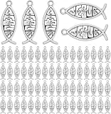 KMOSPAD 100pcs Antique Silver Jesus Fish Charms Tibetan Alloy Christian Fish Shaped Jesus Pendants Charms Craft Supplies for DIY Bracelet Necklace Jewelry Making Findings