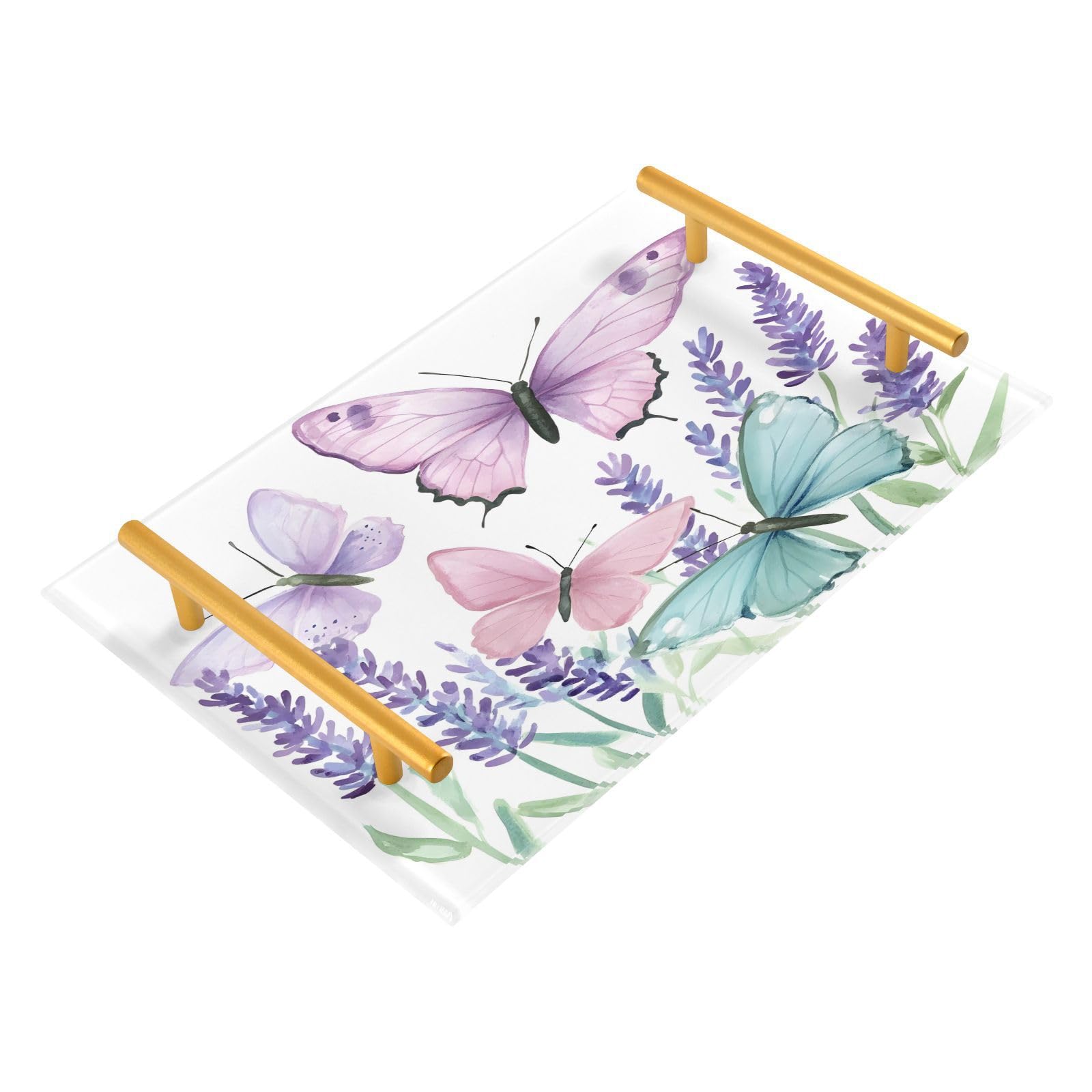 BOESI Watercolor Flower and Butterfly Tray, Tray with Handles, Countertop Organizer, Decorative