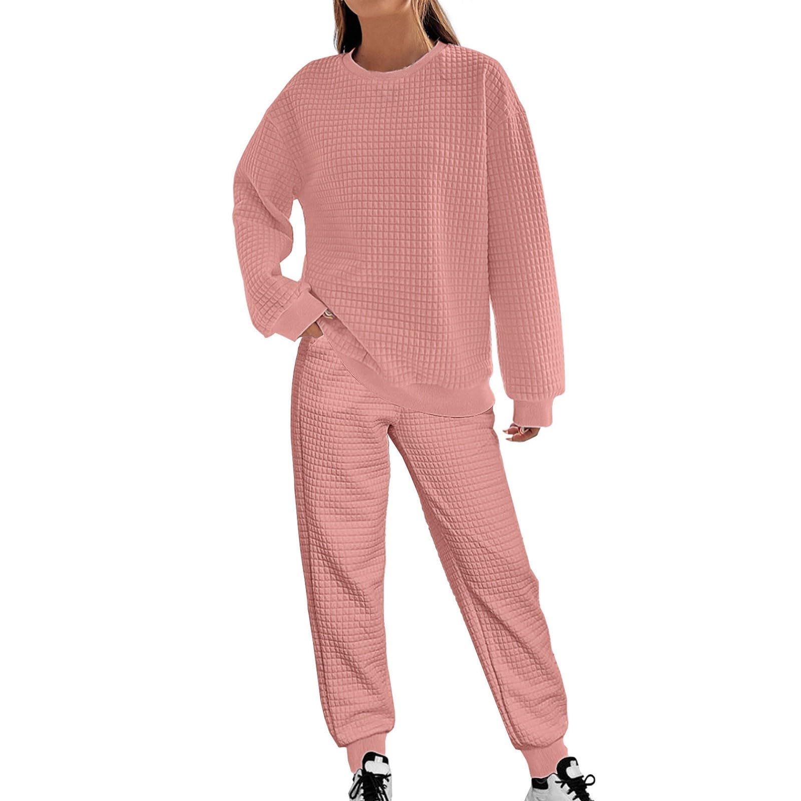 Ensemble de pyjama 2 pièces à carreaux pour femme | Haut à manches longues et col rond et pantalon de pyjama douillet uni élastique