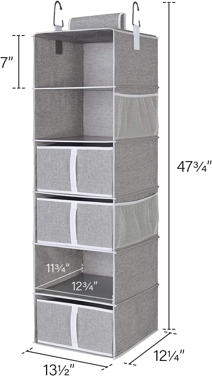 StorageWorks 6-Shelf Hanging Closet Shelves, Hanging Closet Organizer with 3 Drawers, Canvas, Light Gray, 12 ¼”D x 13 ½”W x 47 ¾”H