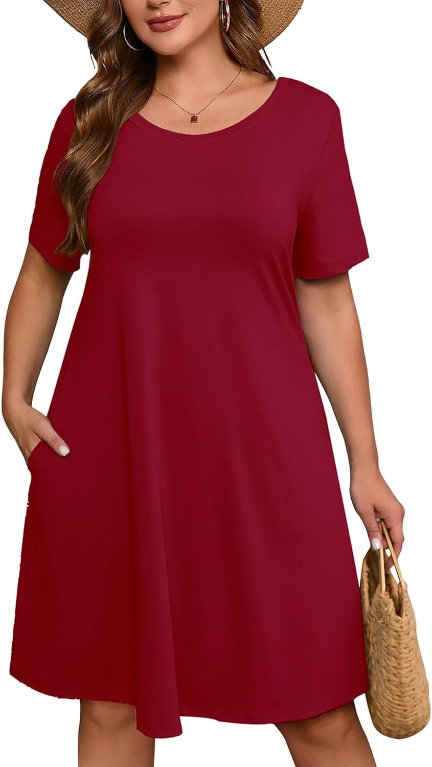 AusLook Plus Size Women Summer Dress Burgundy 1X Short Sleeves Crew Neck Casual Cute Loose Fitting Tank Sundress Comfy Swing Midi Flowy A-line Trendy Beach Vacation Teacher Dresses with Pockets