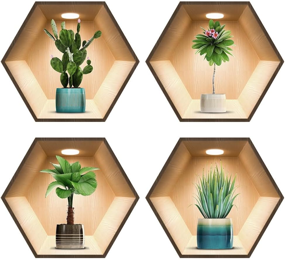 iMagitek 4 Pack 3D Green Plant Wall Decals 3D Cactus Wall