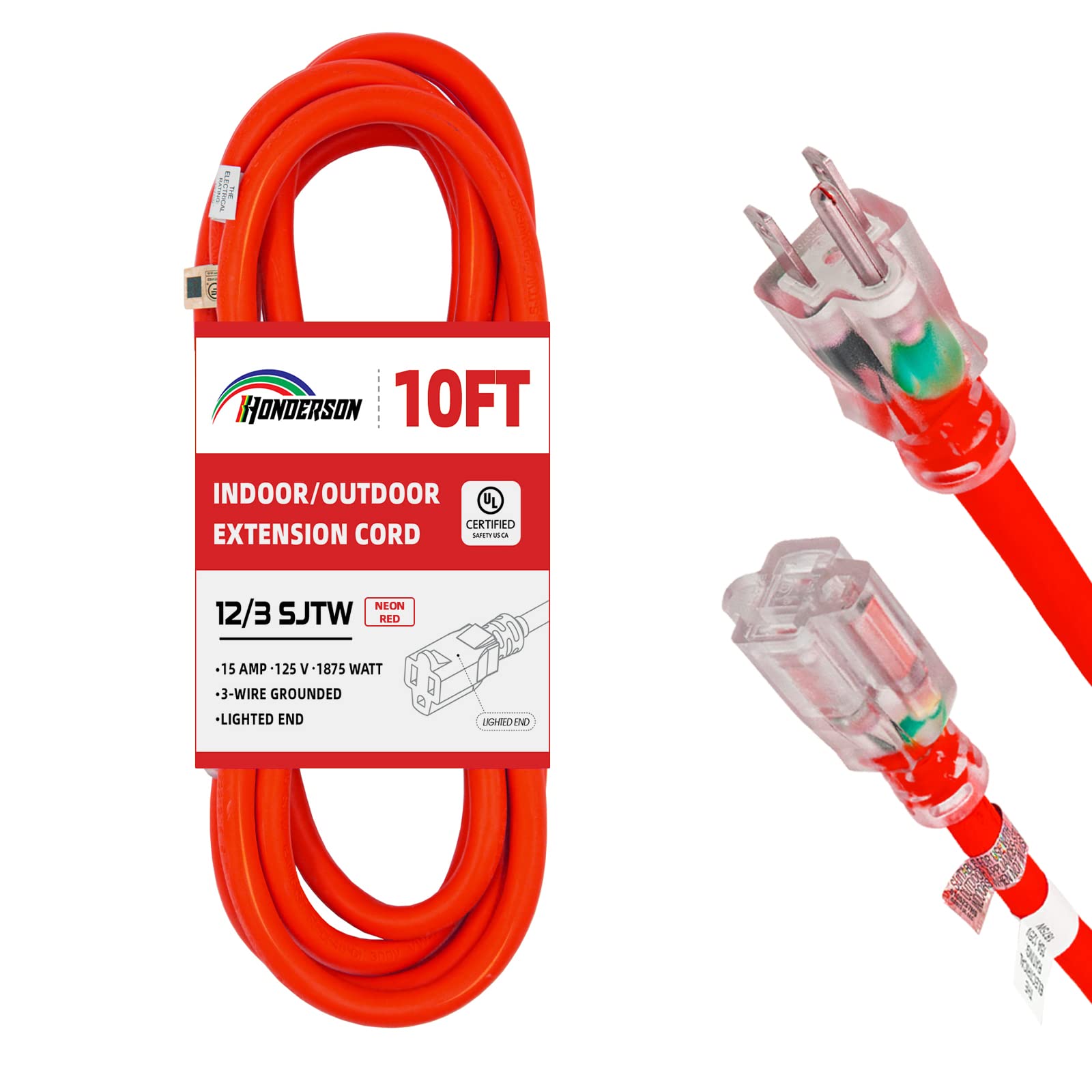 Cable de extensión iluminado para exteriores de 10 pies, 12/3, calibre 12, 3 clavijas, SJTW, resistente, cable de extensión rojo neón con enchufe de 3 clavijas para mayor seguridad, listado