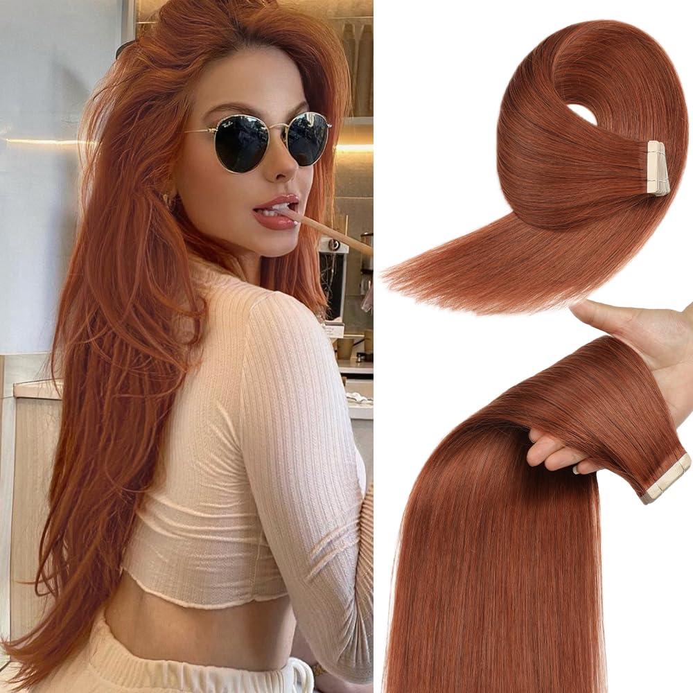 YDDM Tape Extensions Echthaar 20pcs 55cm 50g Dunkelrotbraun Invisible Copper Orange Braun Tape Extensions Echthaar Auburn Tape Extensions Skin Weft Haarverlängerung(22Zoll,33A#)