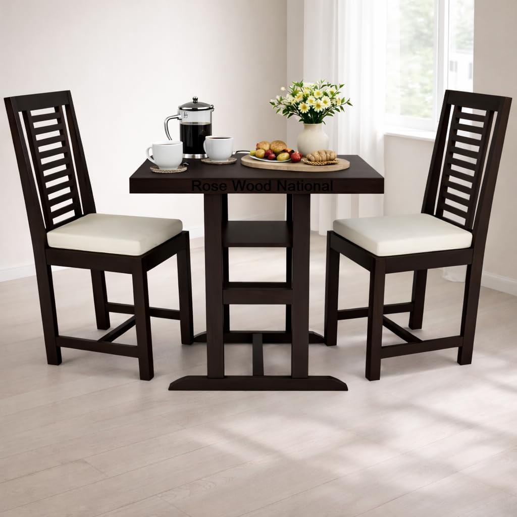 Solid Mango Wood 2 Seater Dining Table Set with Cushioned Chairs, Dark Finish, Compact Space Saving Furniture for Home Kitchen Dining Room