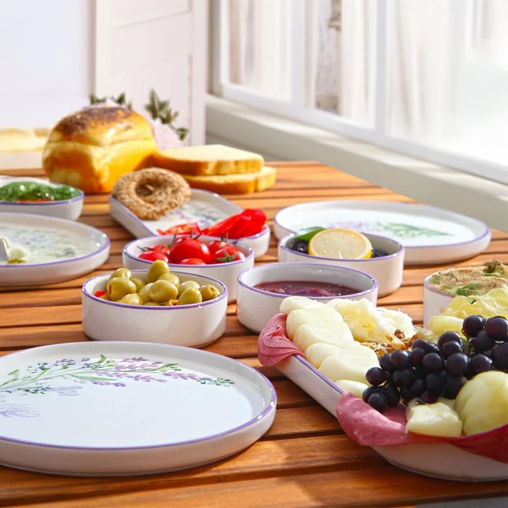 14-teiliges Frühstücksset für 6 Personen – Stackable Lavendel Serie – Handbemaltes Kütahya-Keramikgeschirr mit Servierplatten – Spülmaschinengeeignet & stapelbar