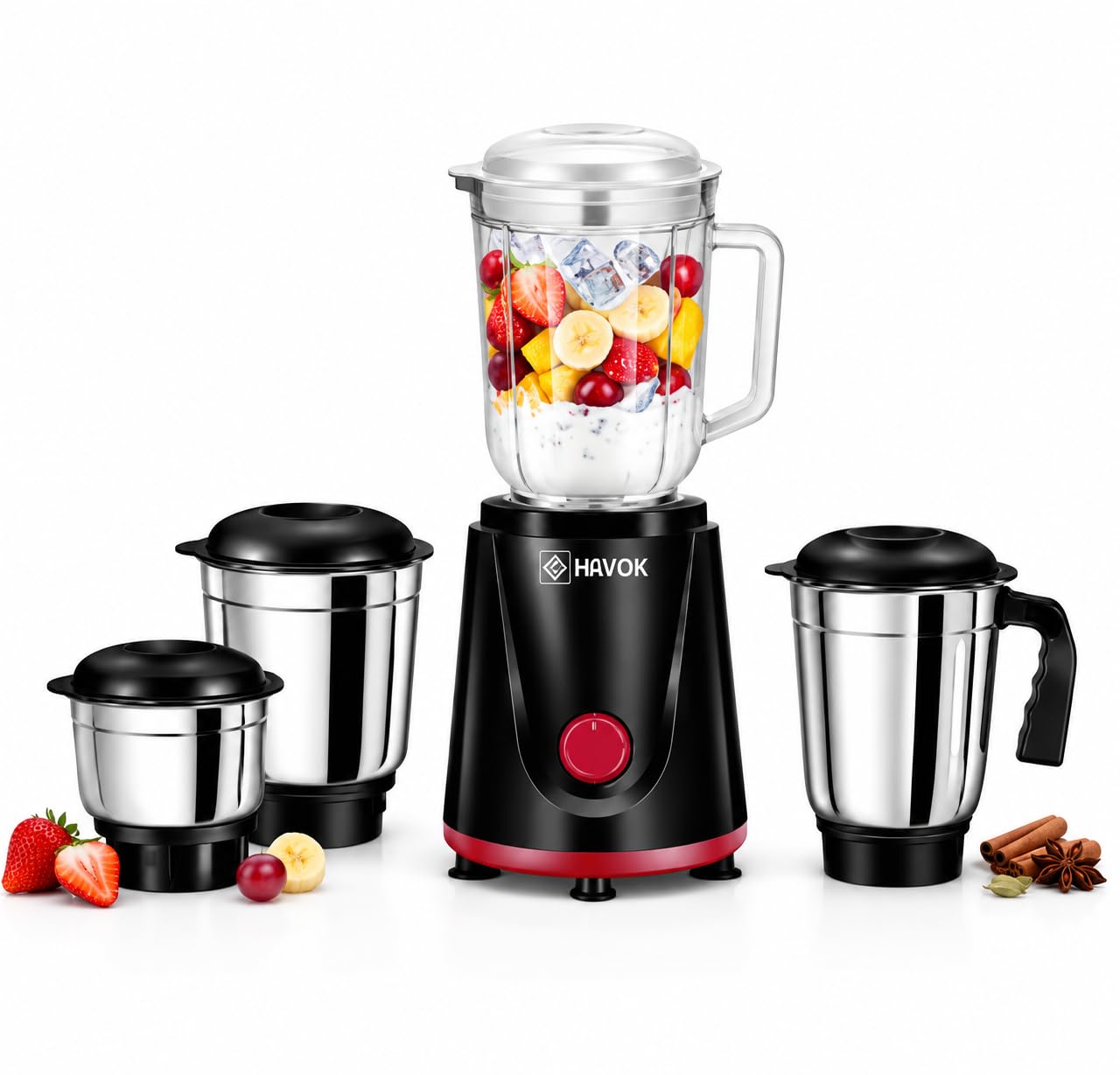 HAVOK Valuemix 750W Juicer Mixer Grinder | Powerful Motor with 20,000 RPM | Includes 4 Stainless Steel Jars | Auto Overload Protection | Sleek Black & Red Design-image-45