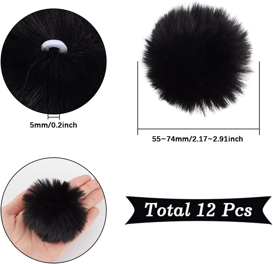 SUNNYCLUE 12Pcs 2.2to 2.9in Extra Large Pom Pom Balls Black Faux Fur Pom Pom Soft Imitation Suede Fluffy Pom Poms Balls Crafts with Elastic Loop for Scarves Gloves Hats DIY Decorative Decoration