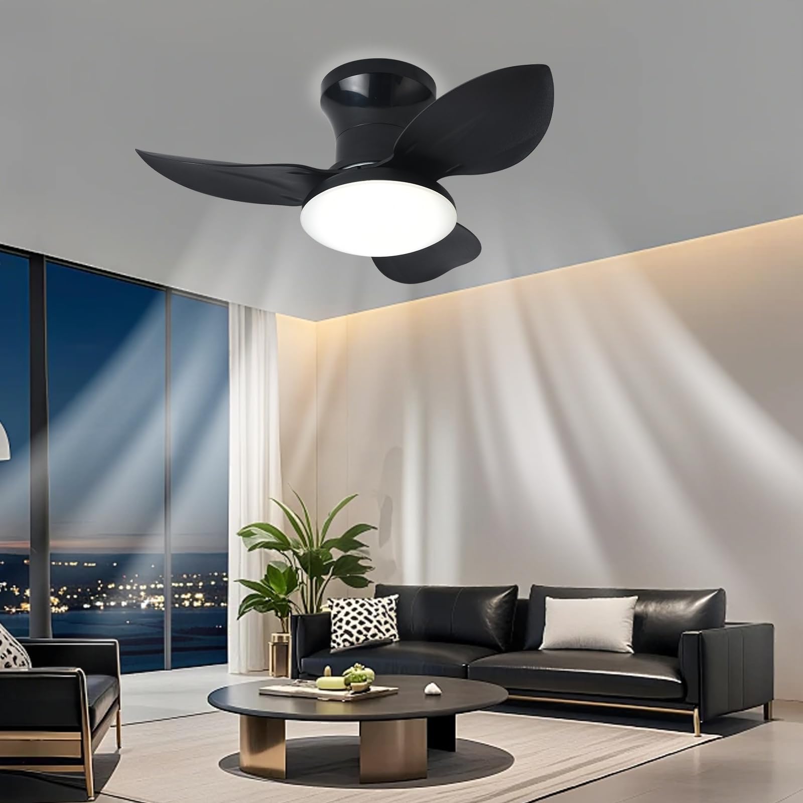 SXDMOUBK Dimmable LED Ceiling Fan with Lights Silent Memory Funct Timer Reverse Rotat - Ideal for Bedrooms & Living Rooms Black 25"