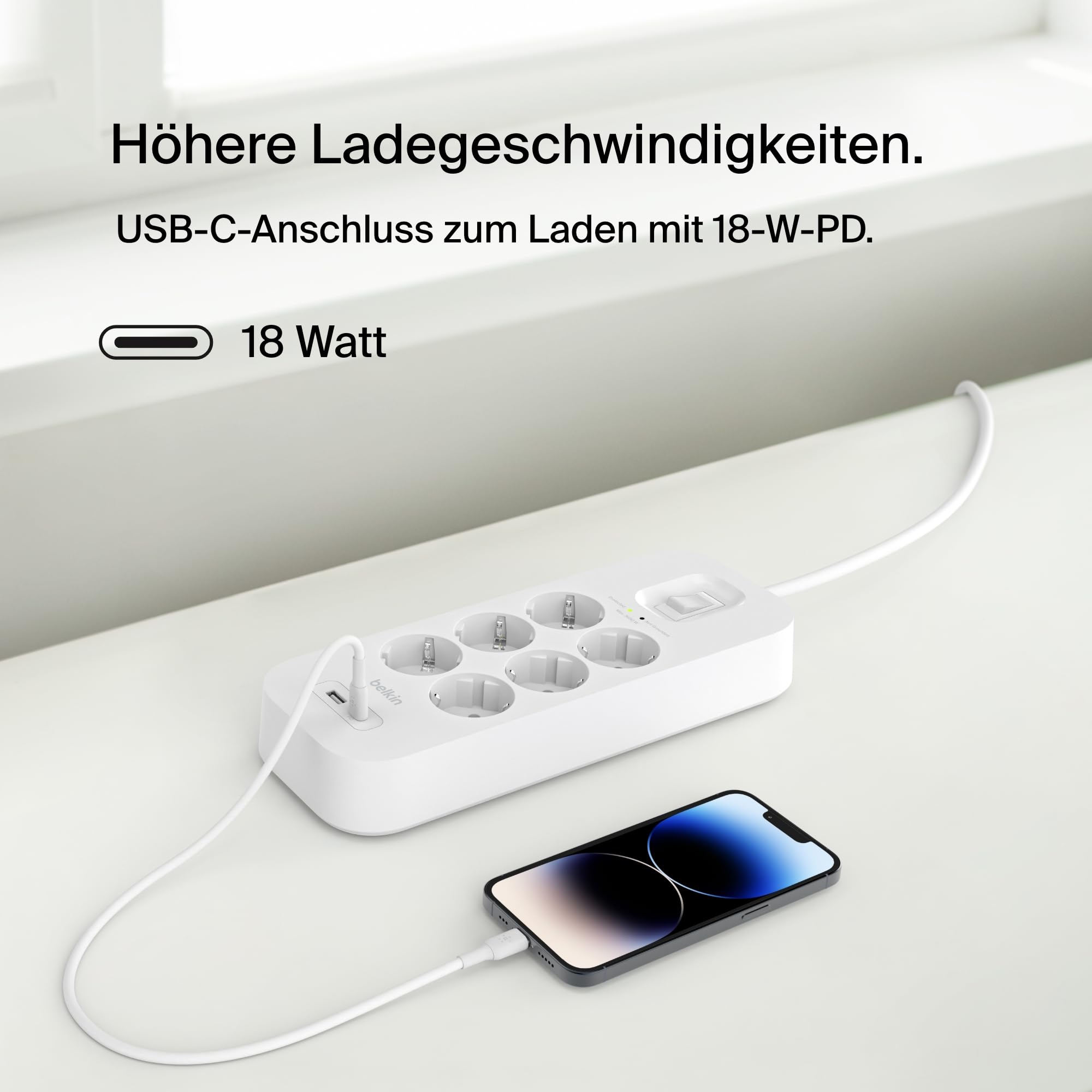 Belkin 6-Fach Steckdosenleiste, Überspannungsschutz, USB-C, USB-A, 2m-Kabel | Verlängerungskabel mit USB-C- + USB-A-Ports, Wandmontage, Mehrfachsteckdose 6fach, 2-m-Netzkabel, 650 J, Kontrollleuchte