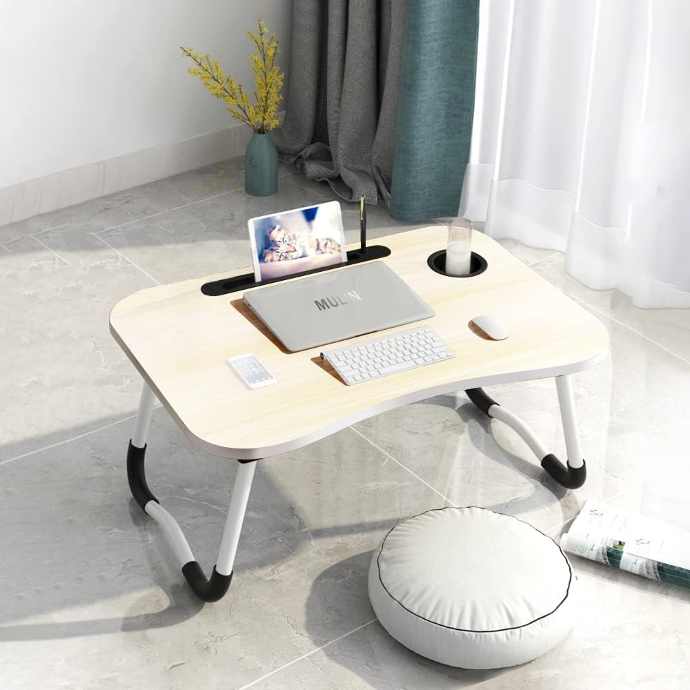 Mojawo Plateau de lit - Table d'appoint - Plateau de service avec pieds - Pliable - Pour ordinateur portable - Porte-gobelet