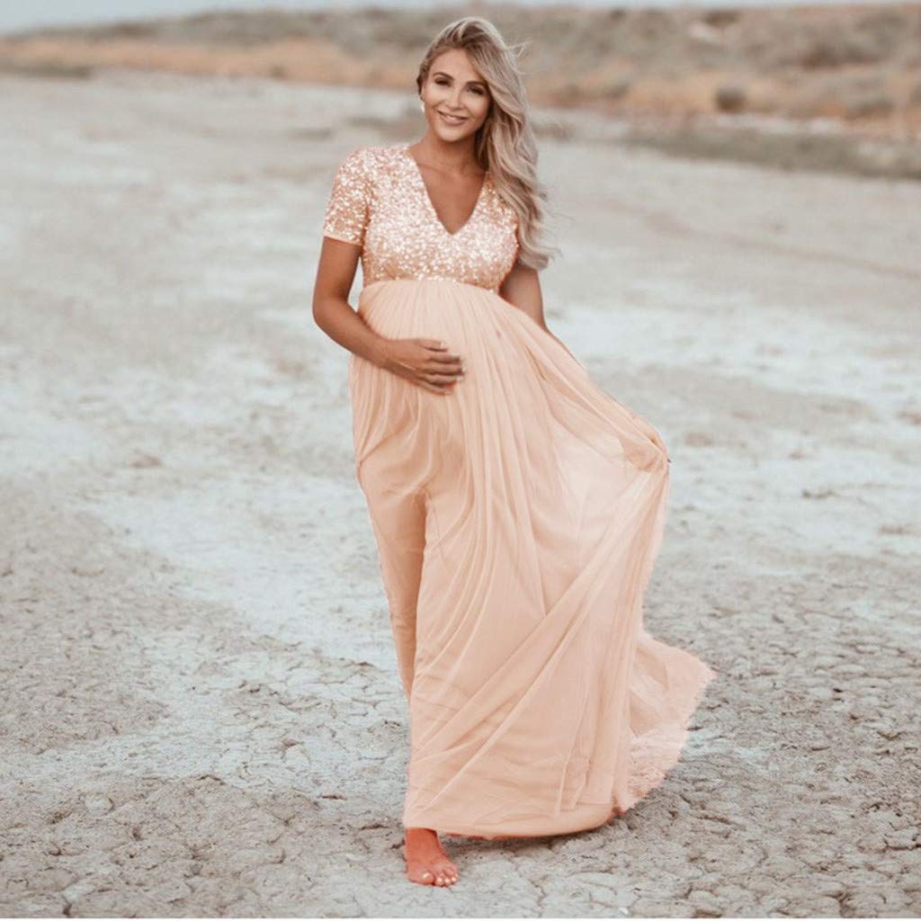 Robe Longue Femmes Enceintes Maternité Photographie Props Manches Courtes Robe Solide À Paillettes Maxi Robe de Plage Robe Grossesse Shooting Photo Soirée Ceremonie Mariage