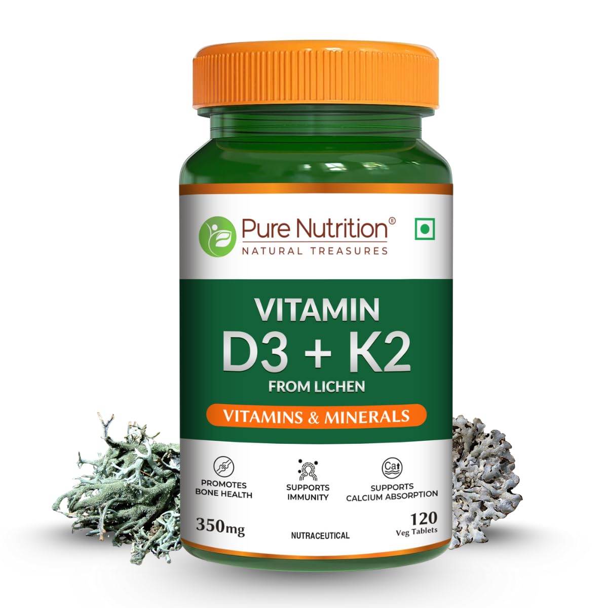 Pure Nutrition Vitamin D3 K2 – 120 Tablets | High Absorption Vitamin D3 from Lichen + MK7 for Strong Bones, Joints & Heart | Boosts Calcium Absorption, Supports Immunity & Muscle Strength | Ideal for Bone & Cardiovascular Health