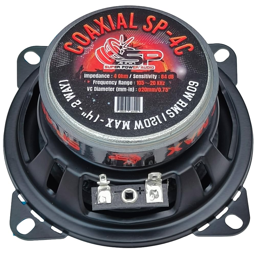 SP Audio 2 SP-4C altoparlanti diffusori coassiali a 2 vie, 4" 10 cm 100 mm, 60 watt rms 120 watt max, impedenza 4 ohm, sensibilità 84 db, portiere, sportelli, auto, a coppia