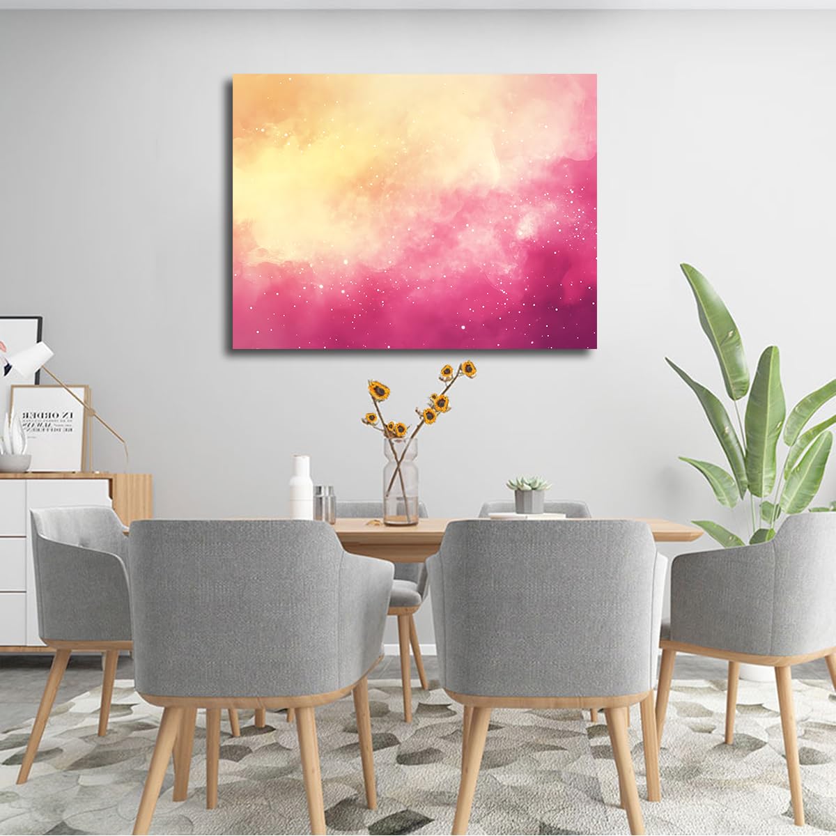Via Vela Art mural abstrait galaxien en toile Décorations en dégradé rose et jaune chaud Affiches de rêve Ciel étoilé Peinture murale pour la décoration de la chambre 60x80cm