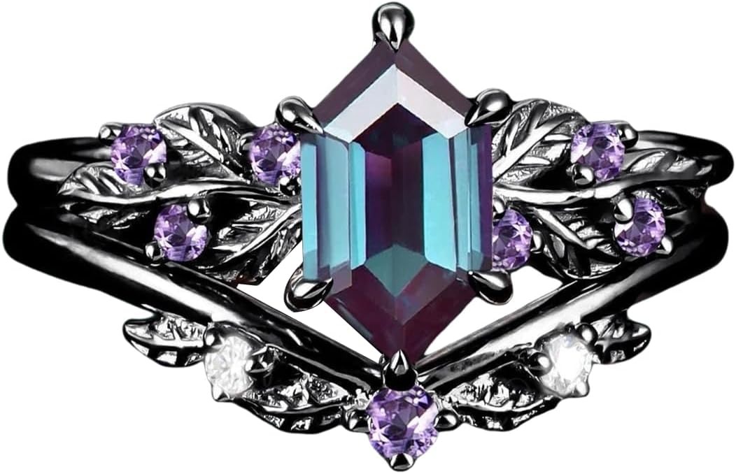 S925/10K/14K/18K Solid Gold Long Hexagon Gemstone Vintage Engagement Ring Set Leaf Unique Vine Gemstone Wedding Anniversary Ring Set Black Gold Bridal Ring Set