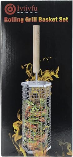 Miniatura 11 de Cesta de parrilla rodante, mango de madera extraíble, acero inoxidable 304, herramientas de parrilla de anidación, accesorios de barbacoa para