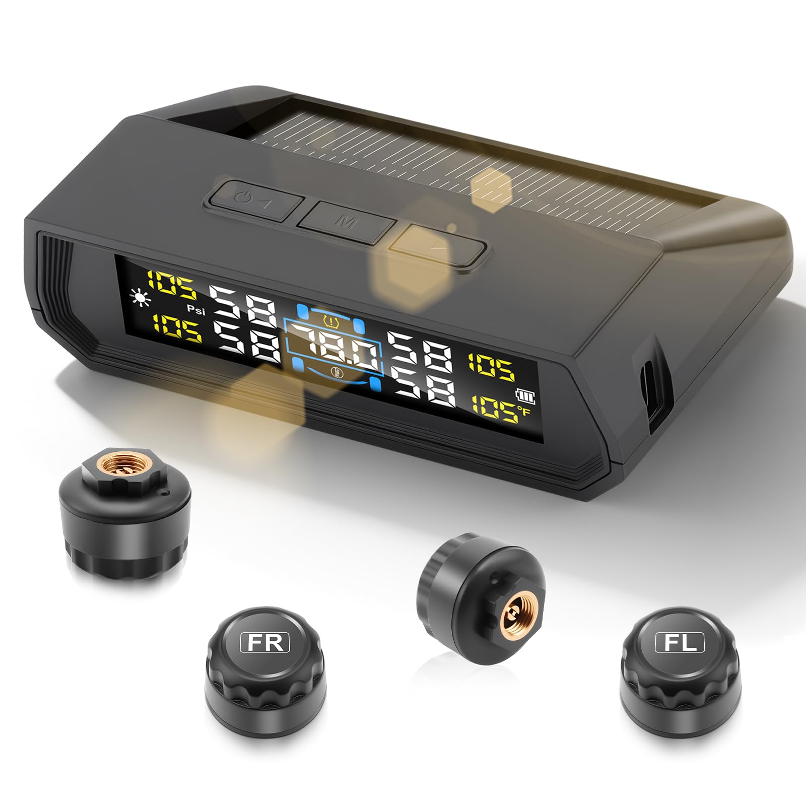 TPMS Sistema di Controllo Monitoraggio con 4 Sensori Esterni Pressione Gomme Auto con Allarme, 73Psi/99Psi, 5bar per Camper