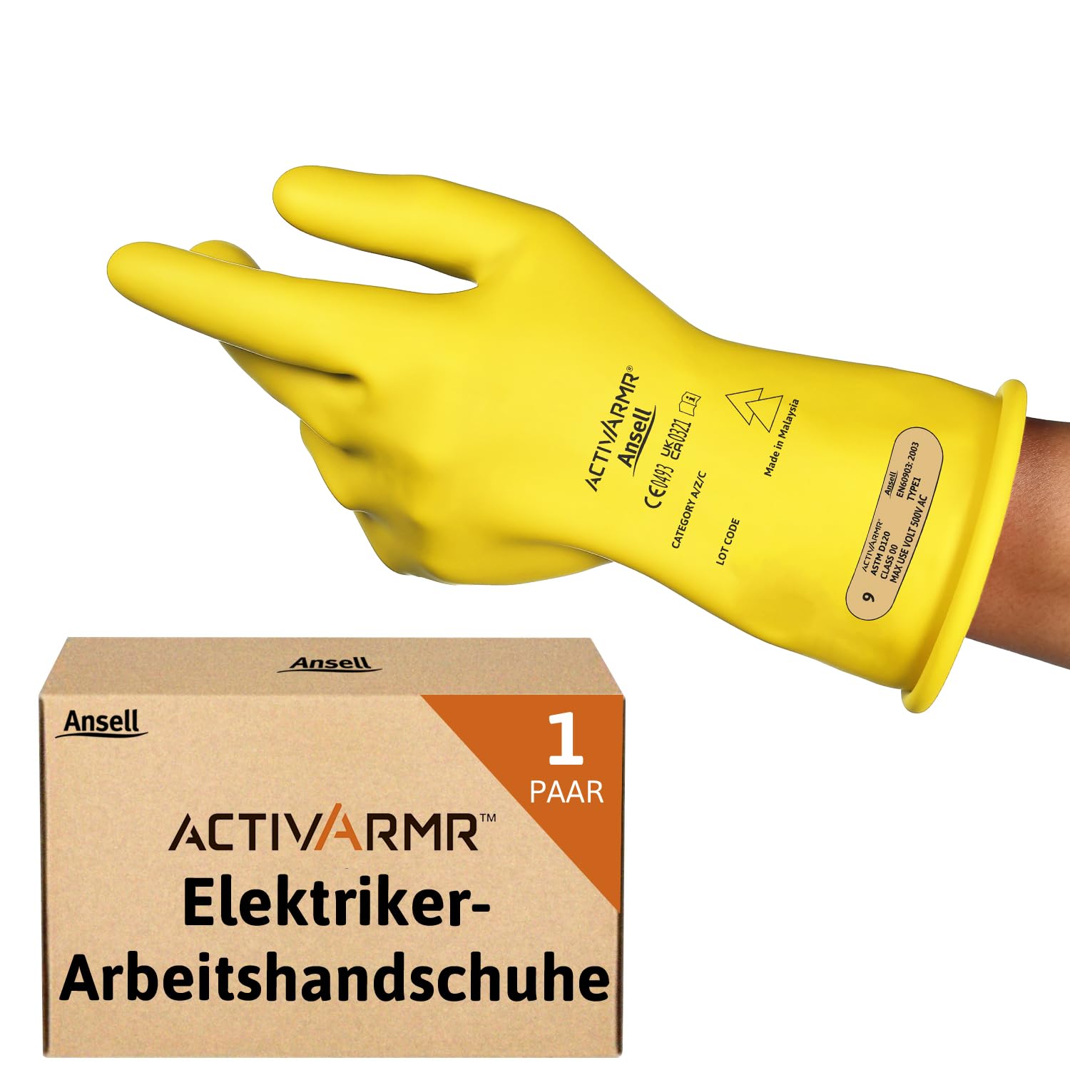 Ansell ActivArmr Elektriker-Schutzhandschuhe, Elektroschutz Klass 00 (500V), Elektrisch Isolierende Gummihandschuhe, Professionelle Arbeitshandschuhe 28cm, Gelb, Größe 2XL (1 Paar)
