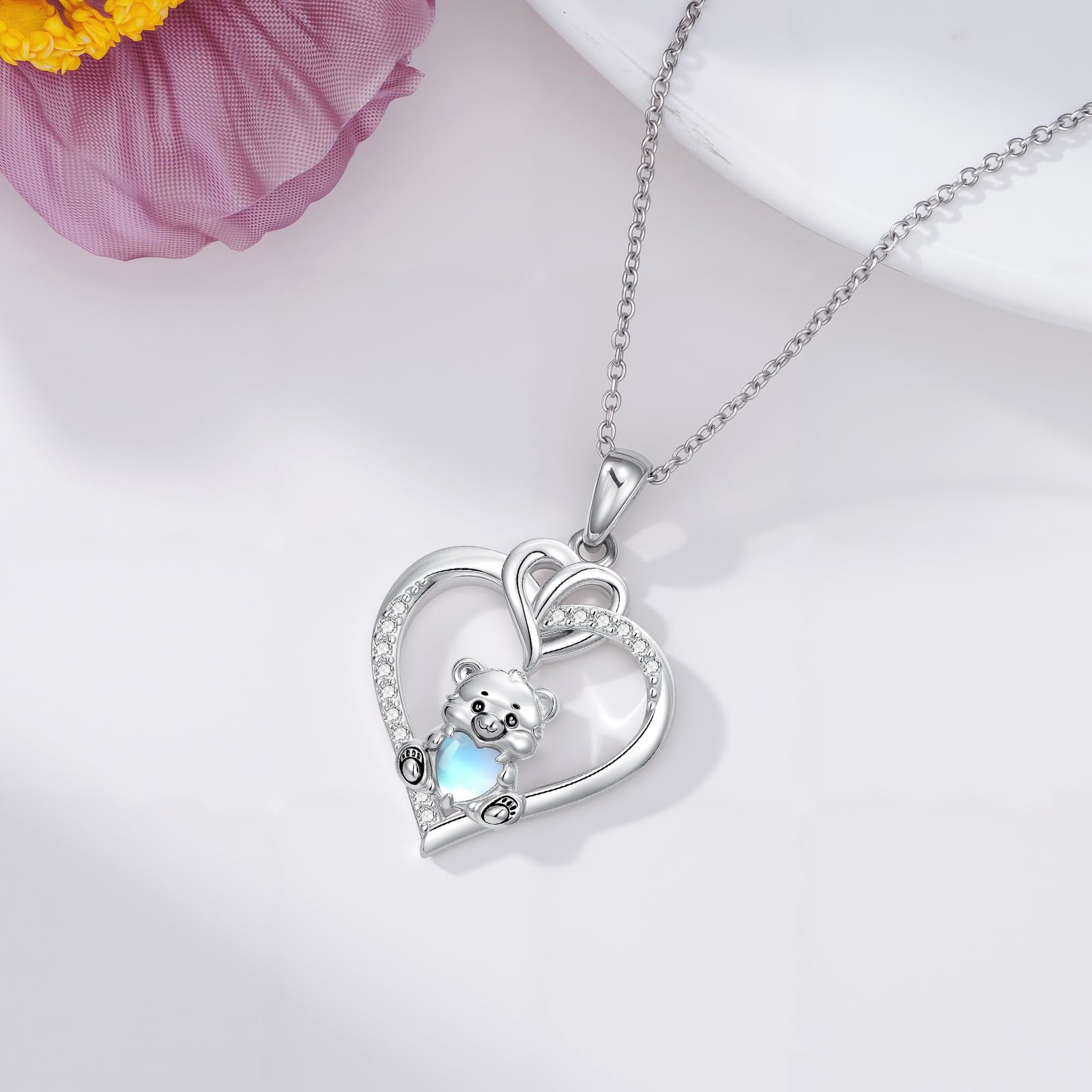 ROMANTICWORK Süße Tier Halskette mit Mondstein 925 Sterling Silber Herz Anhänger Tier Schmuck Jubiläum Geburtstag Weihnachts Geschenke für Frauen Frau Tochter