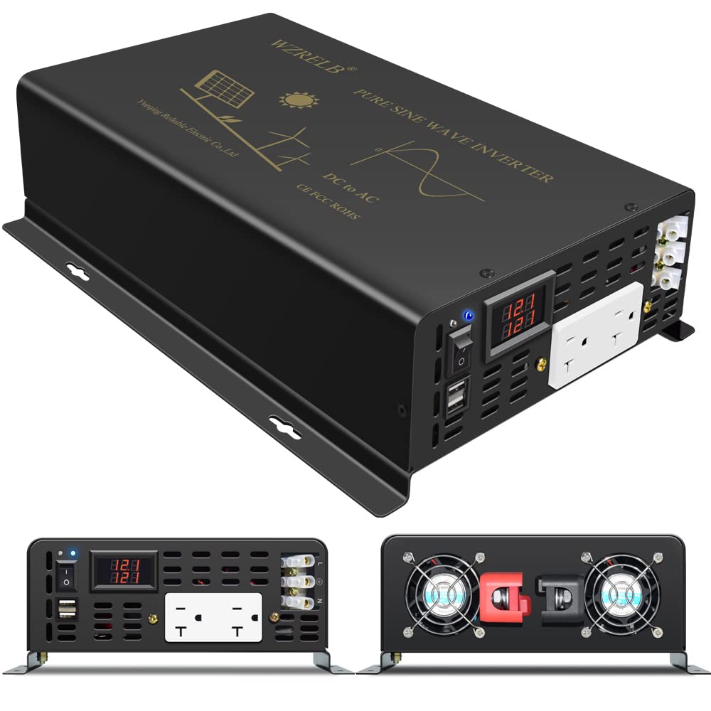 WZRELB Falownik mocy 2500 W z czystą falą sinusoidalną 12 V DC do 120 V AC 60 Hz podwójne gniazda AC 2 × 2,4 A port USB i zacisk Hardwire Off-Grid Solar Converter RV Trucks Home