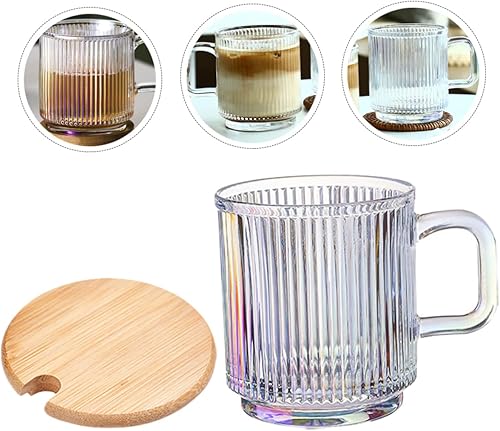Miniatura 4 de Juego de 2 tazas de café de vidrio iridiscente, tazas de café a rayas con tapa, tazas de vidrio acanaladas, tazas de té de vidrio con rayas