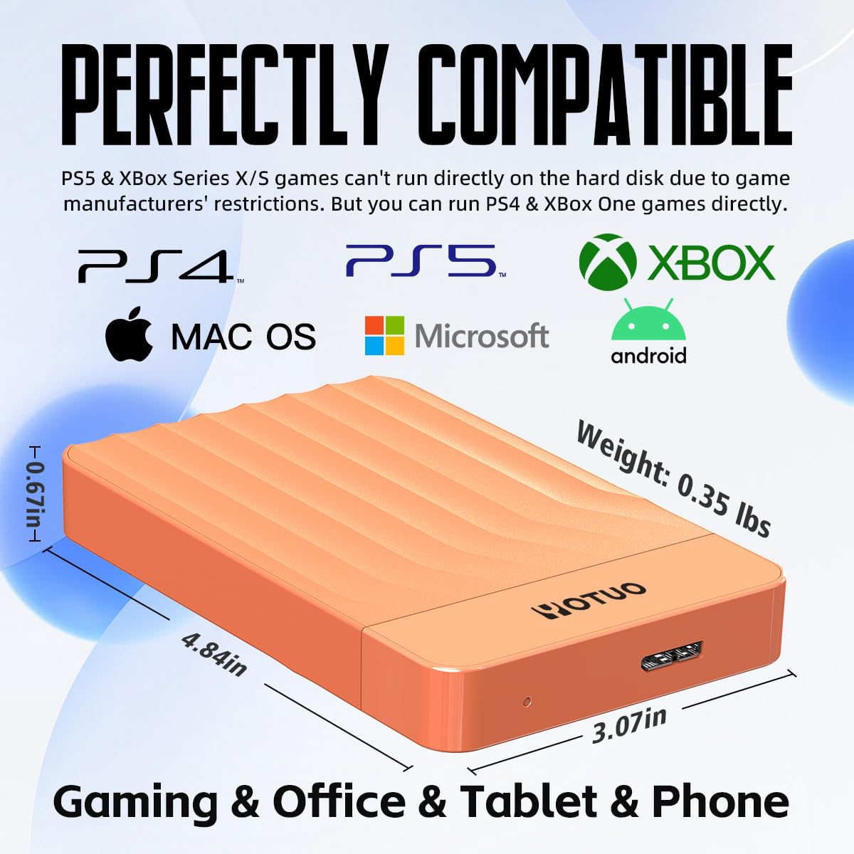 YOTUO Hard disk esterno portatile espansione hard disk mobile HDD USB 3.0 per PC, Mac, desktop, laptop, PS4, PS5, Xbox One X/S, Xbox 360, Xbox Series X/S, ufficio e giochi (arancione, 1 TB)