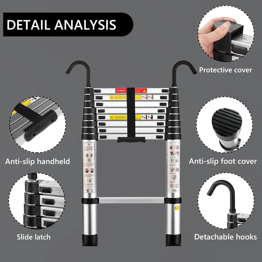 STANEW Teleskopleiter Aluminium 2,6m,Rutschfester Klappleiter Stehleiter Mehrzweckleiter, Abnehmbare Armlehne, Ausziehbare Leiter, Multifunktional Ladder, Maximale Belastbarkeit 150 kg