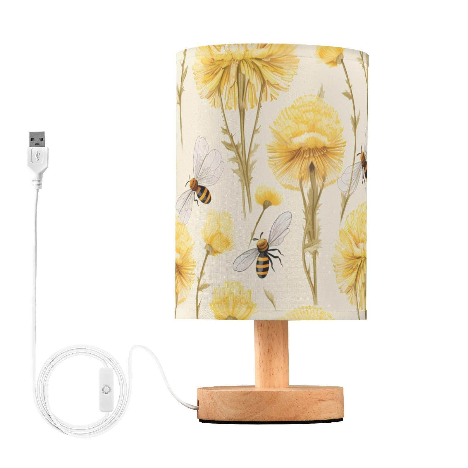 Mnsruu Bedside Table Lamp Bee Yellow Floower Bedside Lamps LED Light Desk Lamp Fabric Shade Small Lamp for Bedroom Living Room (Bulb Included)