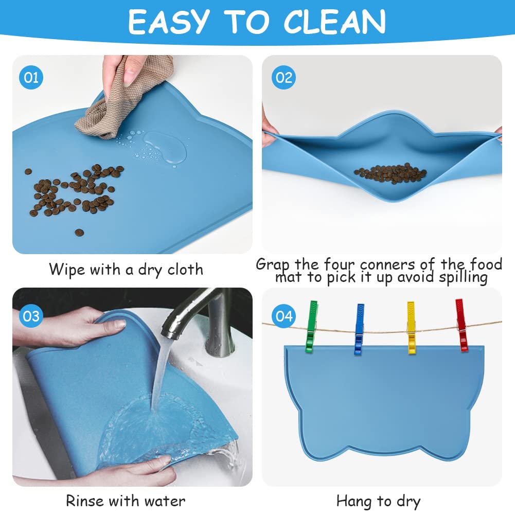 VSSHE Tappetino Ciotola Cani e Gatti in Silicone, 44 x 25 cm Tappetino per Ciotola di Cibo Antiscivolo, Tappetino Sottociotola per Animali Domestici, Evitare Fuoriuscite di Acqua o Cibo (Blu)