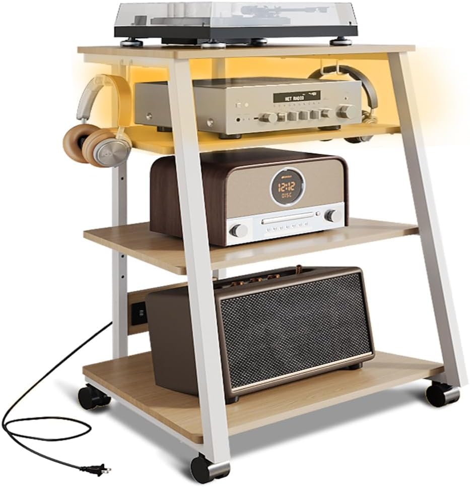 Console Shelf, 4-Tier AV Media Stand with 2 Hooks, AV Cabinet with LED Light Strips, Game Console Shelf, Stable and Spacious, Easy to Assemble (Maple)