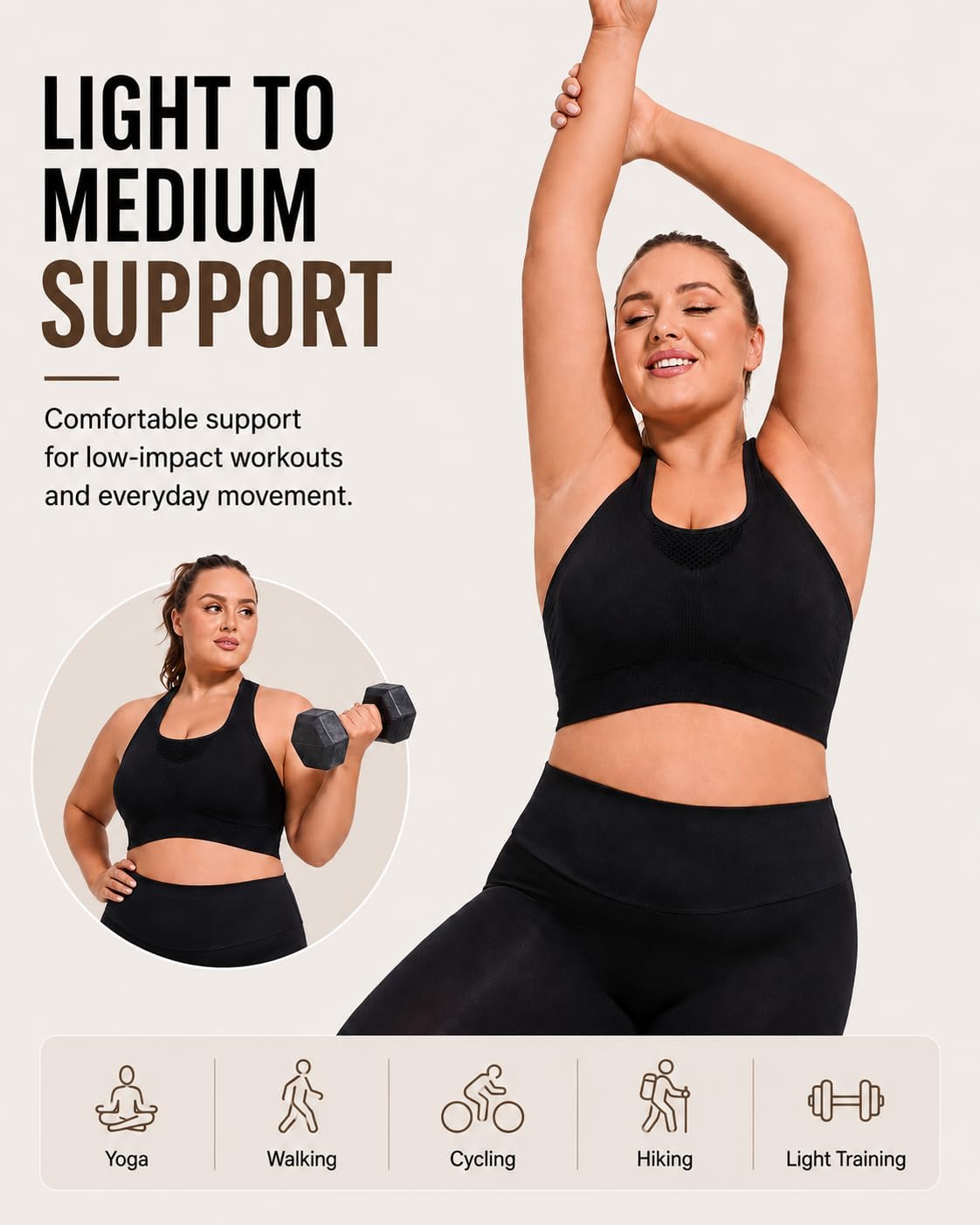 FANCMISTERY Plus Size Sports Bra for Women Racerback Wireless Padded Bra for Yoga, Hiking, Cycling