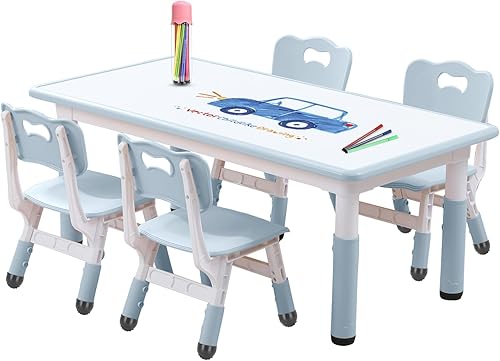Miniatura 9 de Juego de mesa y silla para niños pequeños, centro de actividades ajustable con patas antideslizantes y superficie a prueba de graffiti de 3 a 12