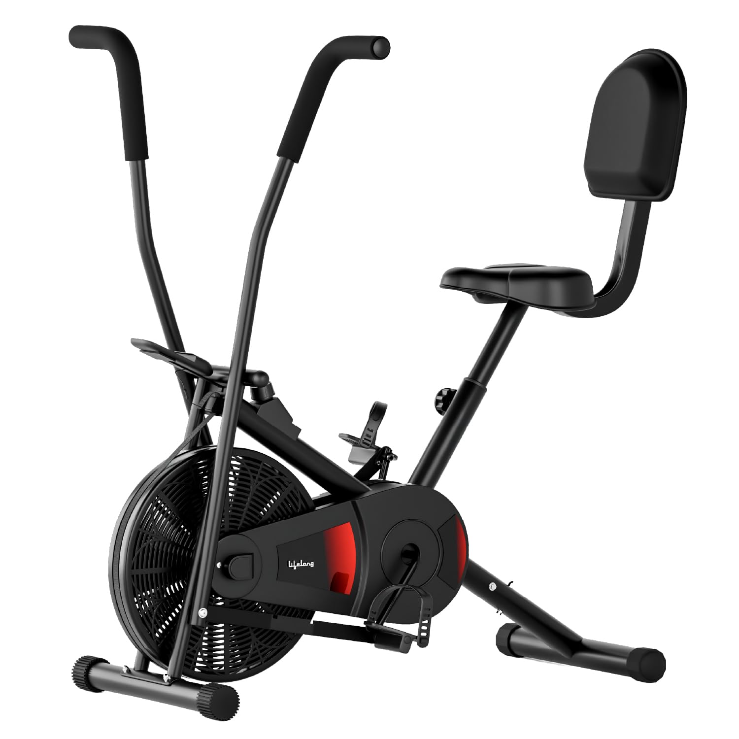 Lifelong Air Bike Exercise Cycle for Home Gym | Dual Action Stationary Cardio Bike for Full Body Workout| Adjustable Cushioned Seat with Backrest |Moving Handles & Anti-Skid Pedals |Max User Weight 125 kg