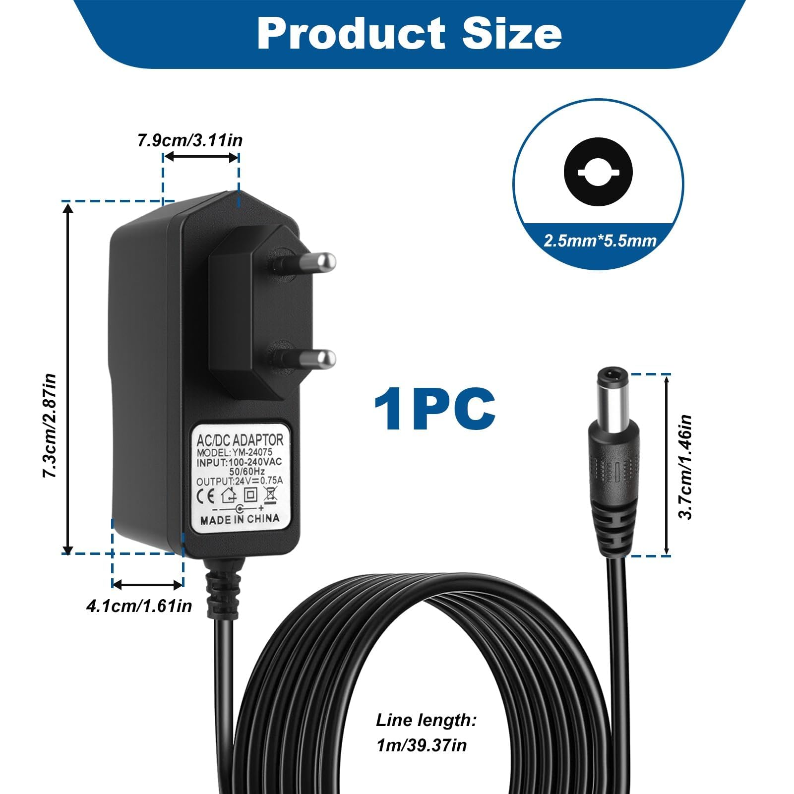 Alimentatore di rete da 24 V per aspirapolvere Rowenta X‑Pert 6.60, compatibile con RH6821, RH6837, RH6838, RH6877, RH6878, RH6879, TY6837, TY6838, TY6878, EO6838, cavo da 1,2 m