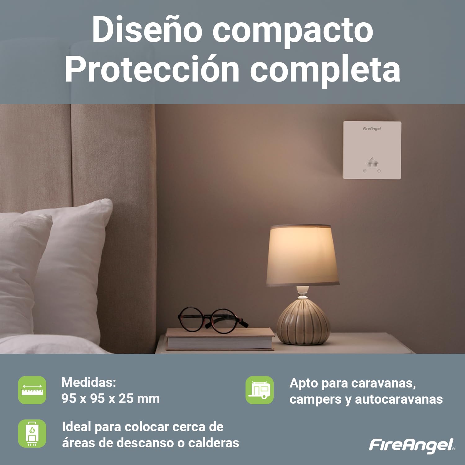 FireAngel FA6829S Detector de Monóxido de Carbono Ultra Delgado, Alarma de CO de 10 Años, Portátil, Alarmas de Monóxido de Carbono para Casa, Caravana, Furgoneta Camper - Blanco