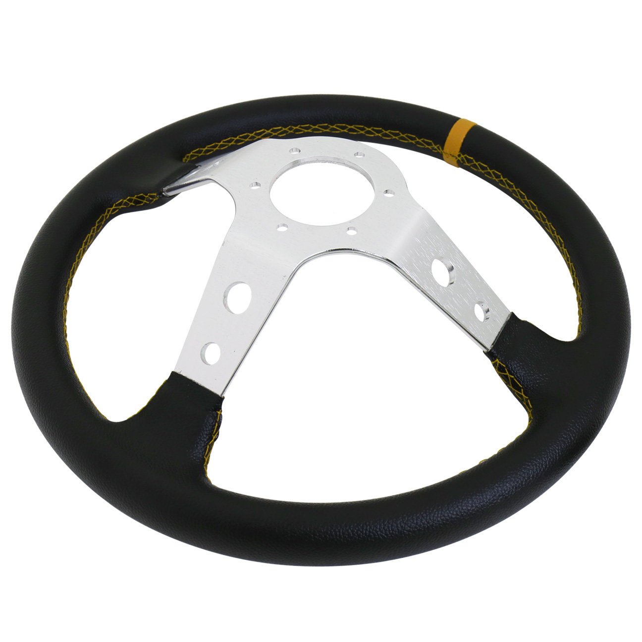 AJP Distributors Universal 350mm Deep Dish Black Pvc Leather Yellow Stitching Stitches Light Weight Steering Wheel Upgrade Drifitng Track Drag Fukushi Jdm Leaf Horn Button