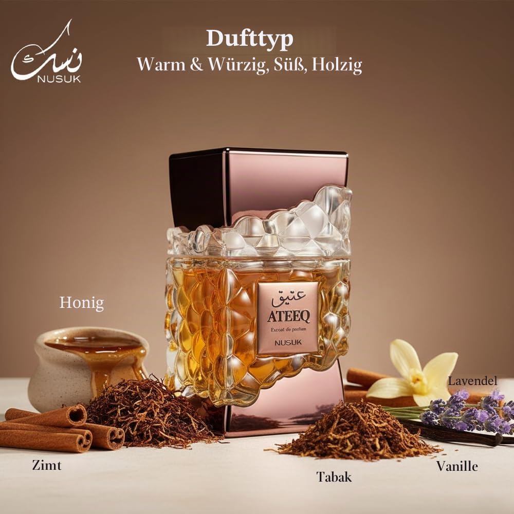 ATEEQ Extrait de Parfum von Nusuk, Luxus-Duft in geschnittener Glasflasche mit Kristall