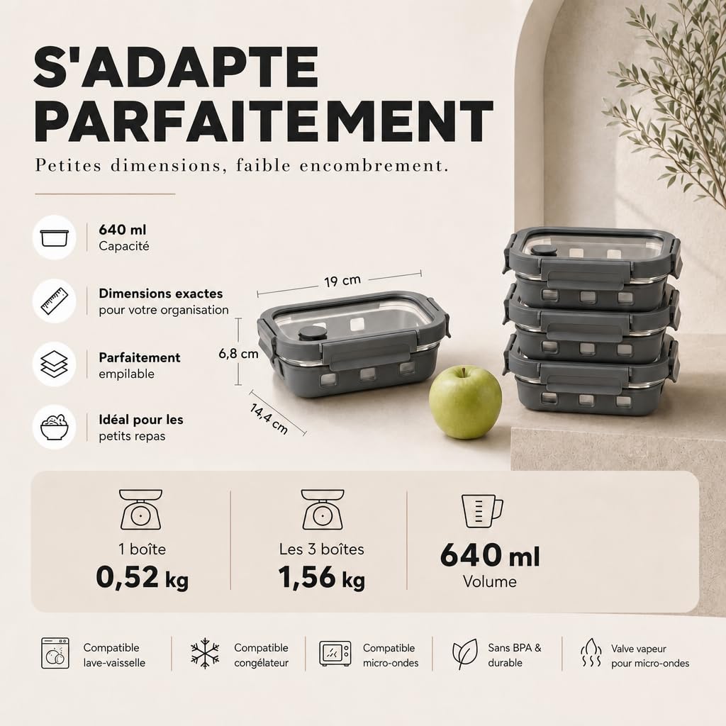 Meal Prep Boîtes Set 3x640ml – Verre borosilicate, hermétique, empilable, micro-ondes avec valve vapeur, coque silicone anti-choc