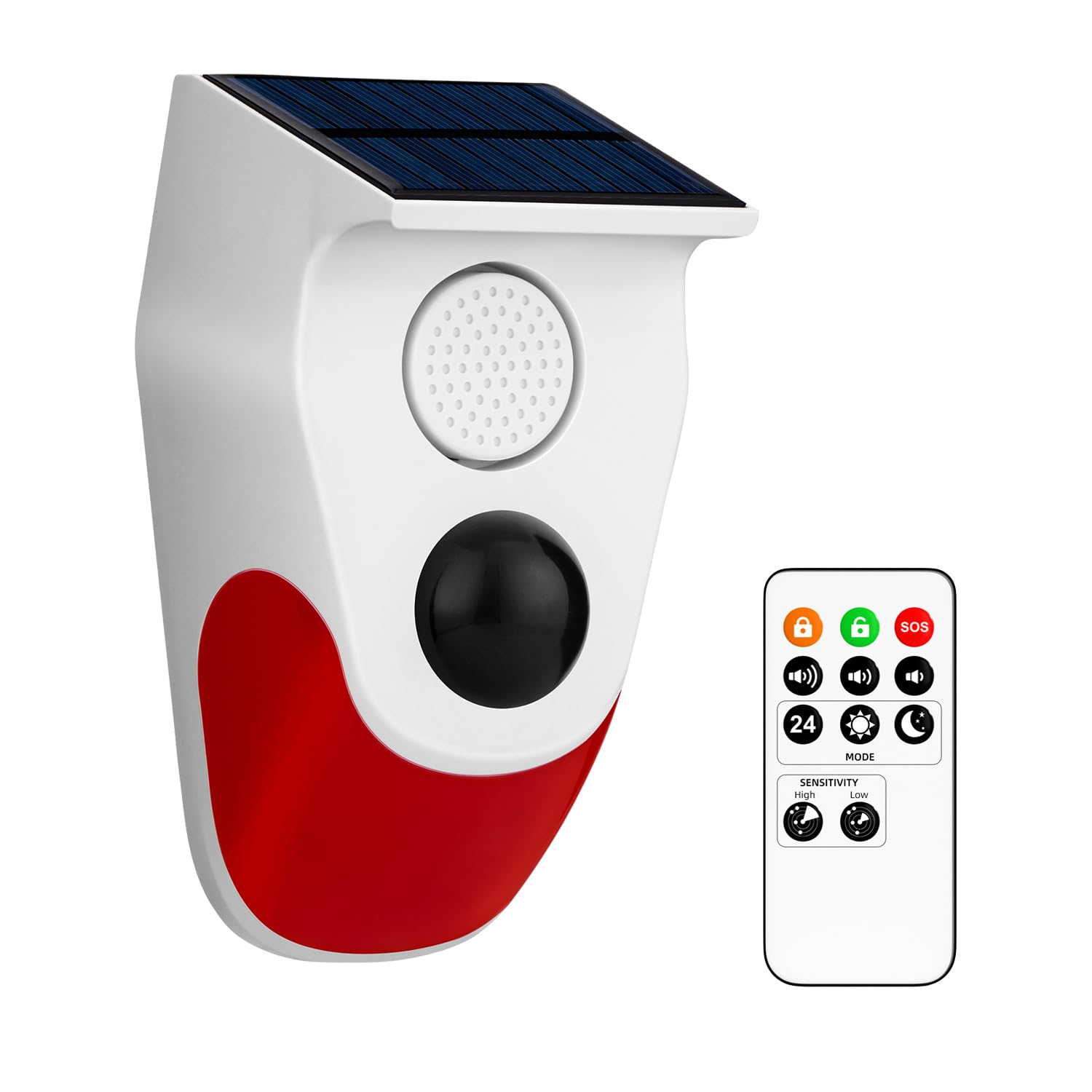 Motion Detector Alarm, Solar Strobe Alarm Light with Motion Sensor Siren Outdoor Alarm Siren with Remote Controller, 120dB Sound, IP65 Waterproof and 3 Mode for Home, Farm, Yard, Outdoor