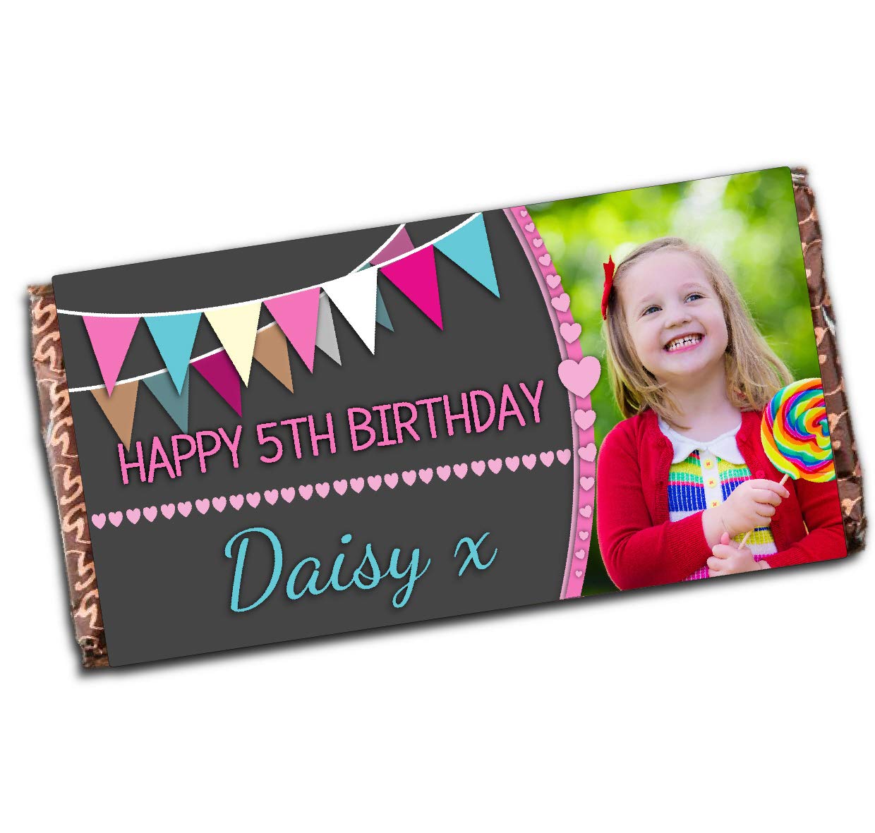 Invite Designs Ltd Girls Personalised Hearts & Bunting Happy Birthday Photo Milk Chocolate Bar Present Idea N107 Any Age